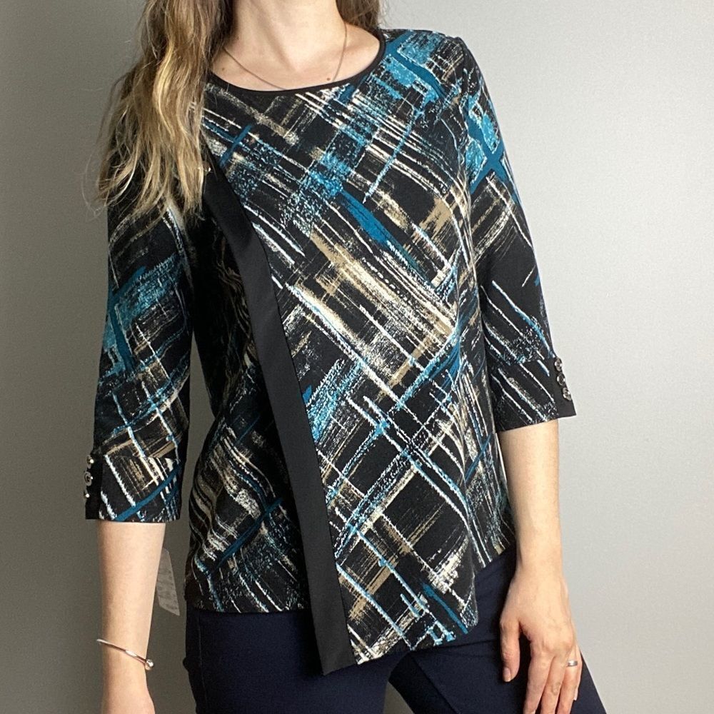 NWT 3/4 sleeve business casual tunic top. black blue tan. Softworks brand.